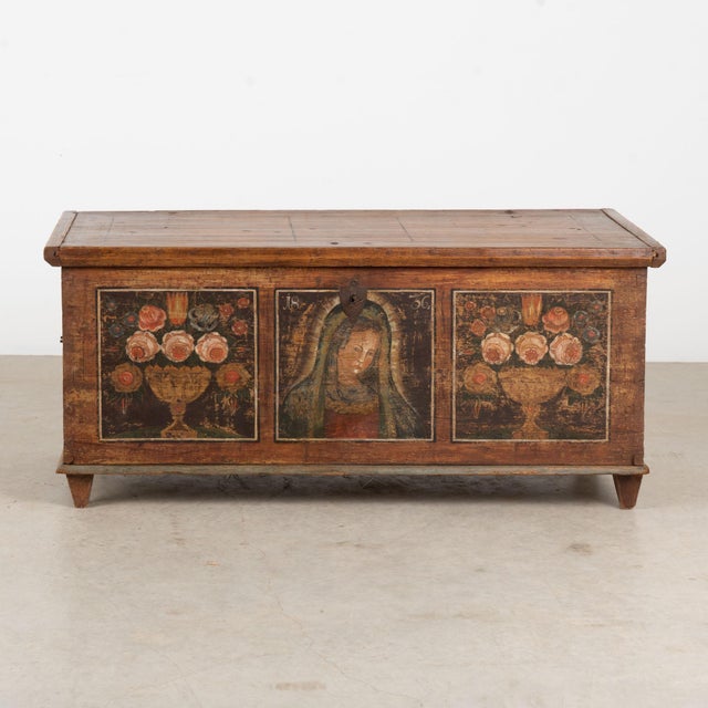 1836 Austrian Hand-Painted Folk Art Trunk With Madonna For Sale - Image 4 of 18