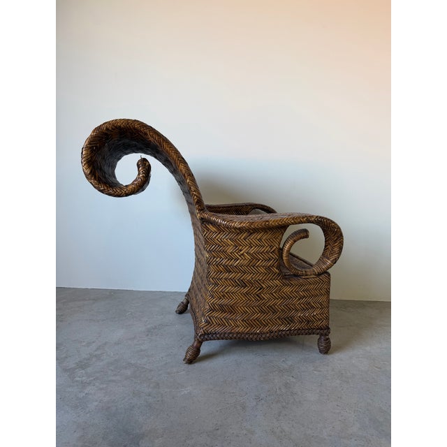 Vintage Coastal Organic Sculptural Tall Roll-Back Rattan Lounge Chair With Ottoman For Sale In Miami - Image 6 of 12