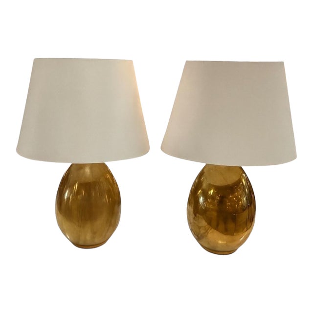 1970s Brass Table Lamps With Cream Fabric Shades - a Pair For Sale