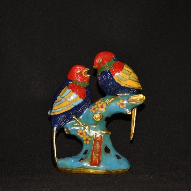 Traditional Vintage Cloisonne Enamel Bird Pair Figurine – 8.3" Two Lovebirds on Branch For Sale - Image 3 of 8