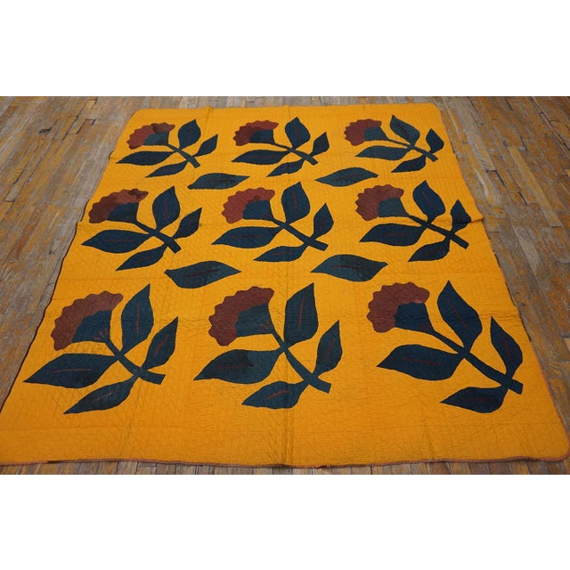 1920s Yellow Floral American Amish Quilt Rug 6' X 6'6" Flatweave Cotton Carpet For Sale - Image 9 of 18