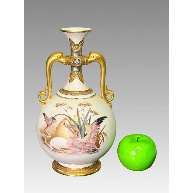 Antique Royal Worcester Porcelain Dolphin Handled Gilt Vase With Pink Pelicans, 1884 #871 Aesthetic Movement For Sale - Image 11 of 14