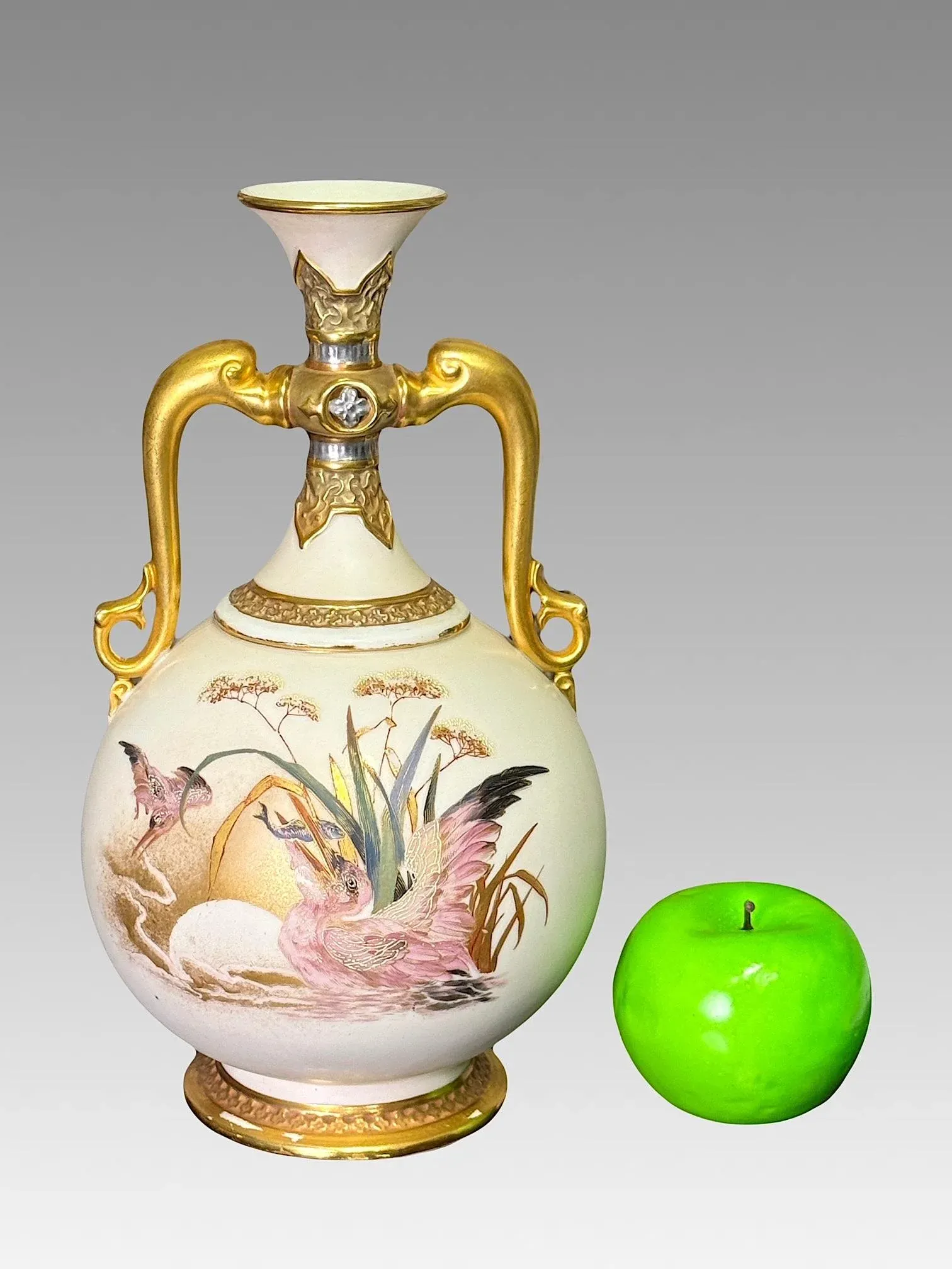 Antique Royal Worcester Porcelain Twin Dolphin Handle Gilded Vase