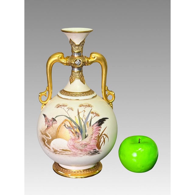 Antique Royal Worcester Porcelain Twin Dolphin Handle Gilded Vase With Pink Pelicans, 1884 #871 Aesthetic Movement For Sale - Image 9 of 12