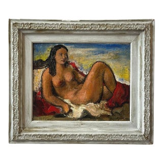 Vintage Oil on Board Framed Portrait of a Reclining Nude by Vahe Kirishjian, Circa 1941 For Sale