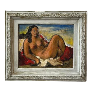 Vintage Oil on Board Framed Portrait of a Reclining Nude by Vahe Kirishjian, Circa 1941