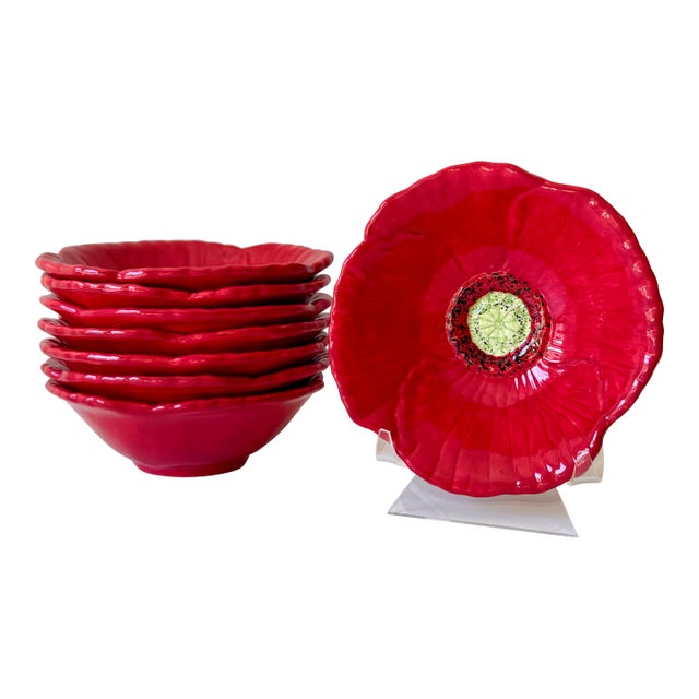 Late 20th Century Red Poppy Flower Hand Painted Salad Bowls Set: 8 Piece For Sale