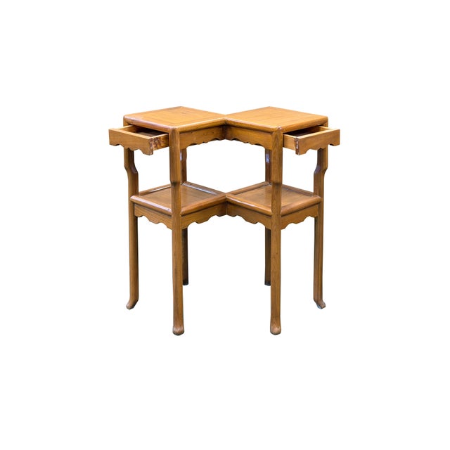 Copper Oriental Two Tier Double Rhombus Light Brown Side Table Stand For Sale - Image 8 of 10
