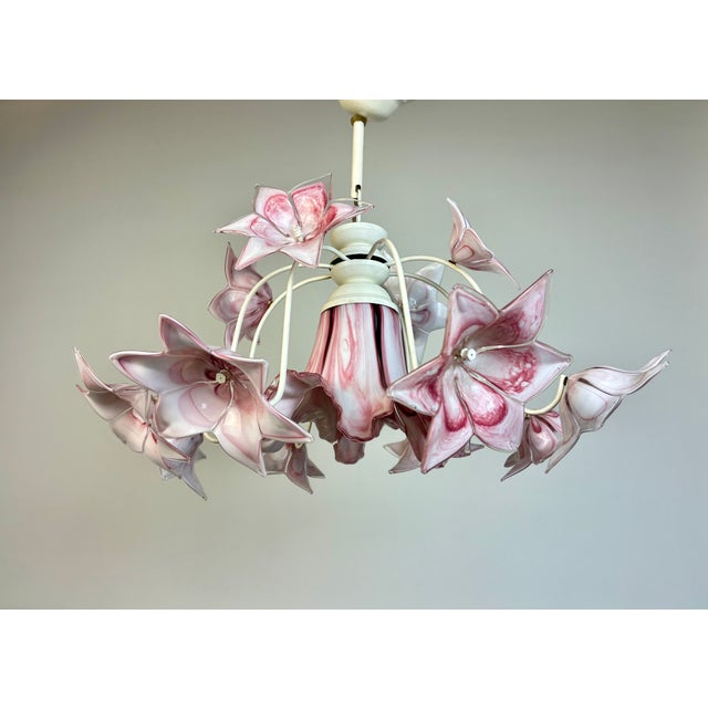 Art Deco 1980s Murano Style Pink Glass Floral Chandelier With White Frame For Sale - Image 3 of 11