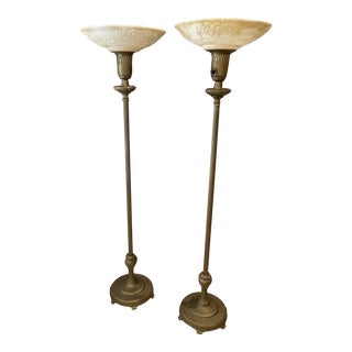 1900s Metal and Milk Glass Torchiere Floor Lamps - a Pair For Sale