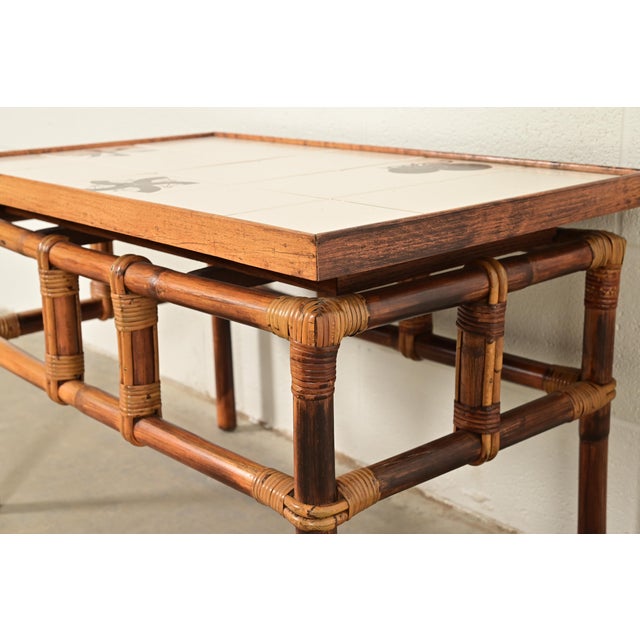 John Wisner for Ficks Reed Mid-Century Hollywood Regency Bamboo Rattan Tile Top Side Table, 1950s For Sale In South Bend - Image 6 of 10