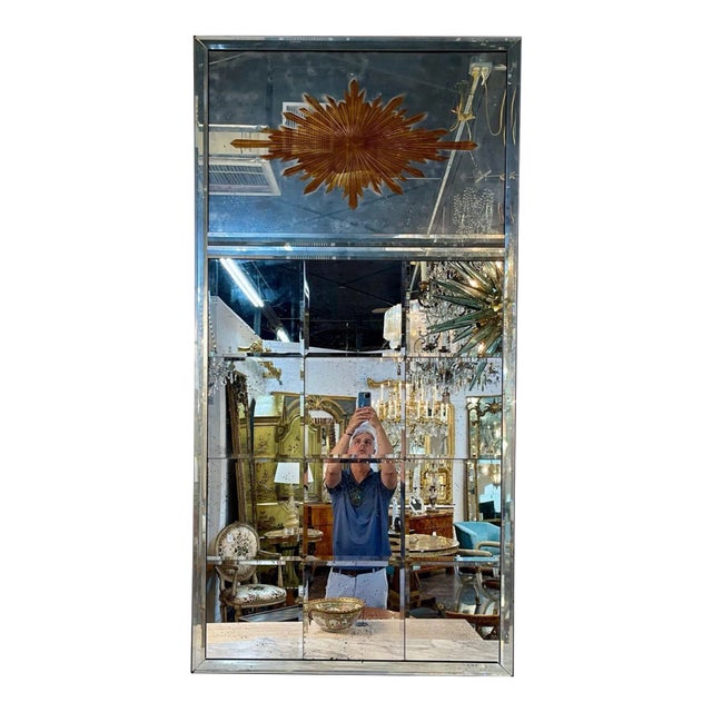 Pair of Jansen Style Eglomise Sunburst Trumeau Mirrors With Beveled Glass For Sale