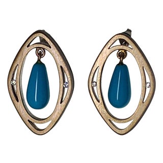 18kw Turquoise Drop Floating Diamond Earrings, Pair For Sale
