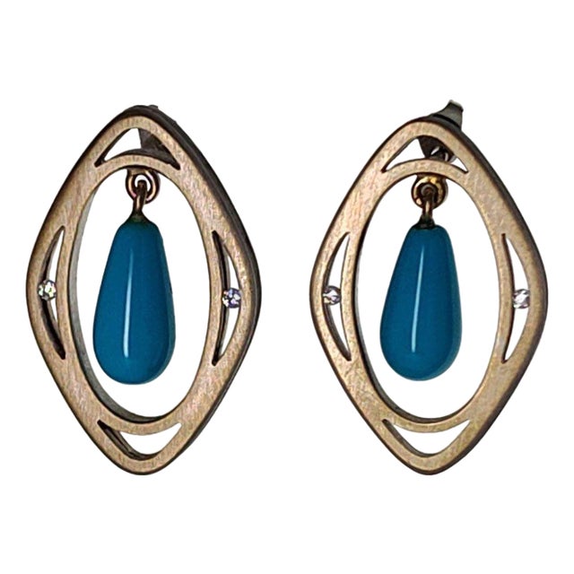 18kw Turquoise Drop Floating Diamond Earrings, Pair For Sale