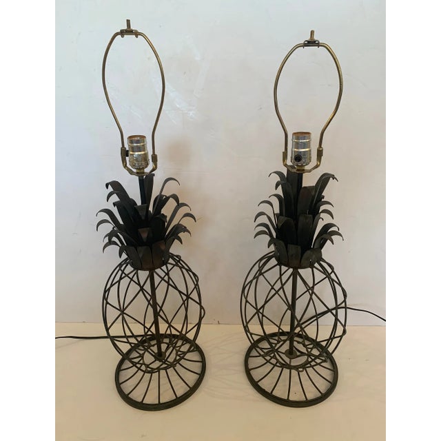 Metal Mid-Century Modern Iron and Tole Topiary Style Pineapple Lamps -A Pair For Sale - Image 7 of 7