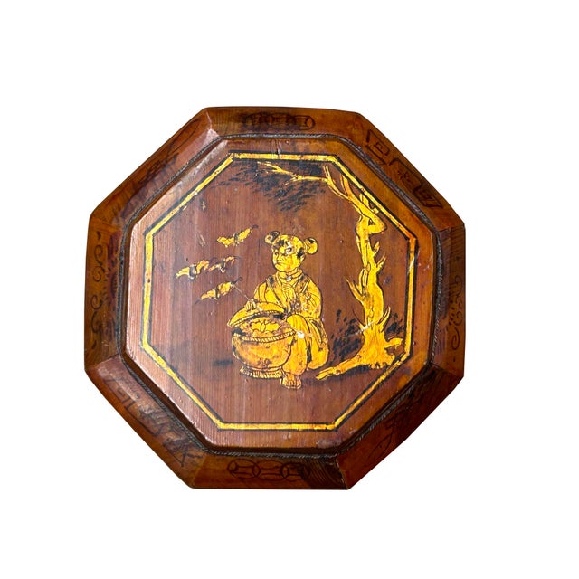 Vintage Oriental Octagonal Golden Graphic Stack Wedding Basket Display For Sale - Image 9 of 16