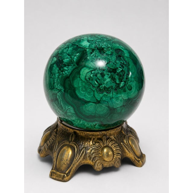 Large & Heavy Sculpted Malachite Egg Specimen Sculpture on Ornate Brass Stand For Sale In Providence - Image 6 of 10