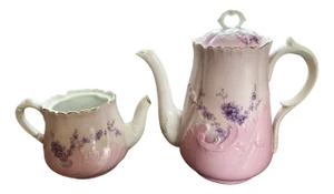 Antique Jug and Sugar Bowl in Pink Porcelain, 19th Century, Set of 2