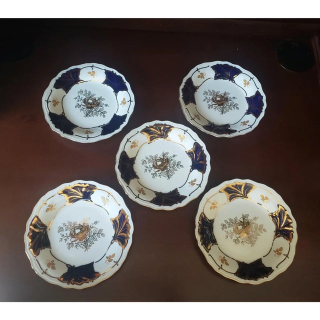 Vintage Cobalt Blue & Gold Porcelain Dessert Plates – Set of 5 For Sale - Image 4 of 8
