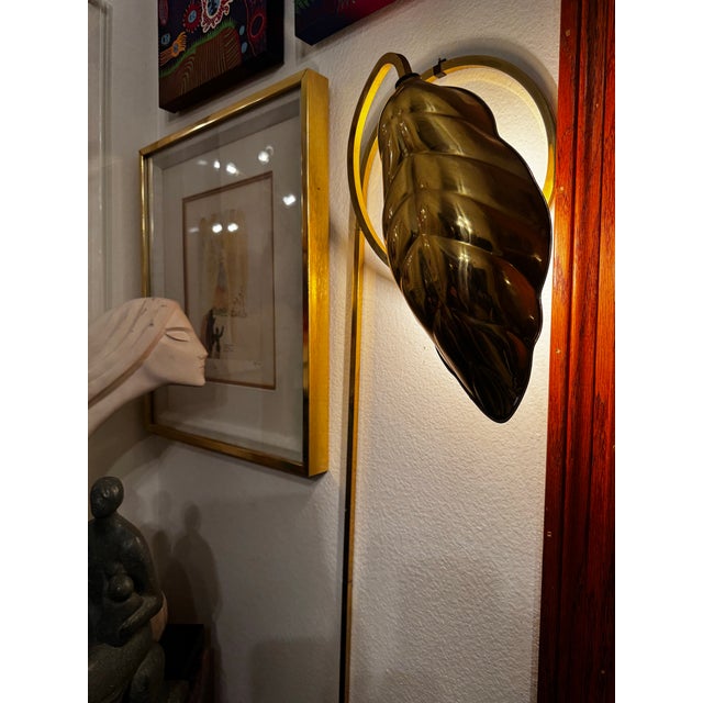 Vintage Italian Leaf Brass Wall Lamp by Tommaso Barbi, 1970s Marked Chapman For Sale - Image 10 of 12