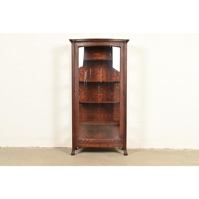 Victorian Berkey & Gay Antique Victorian Carved Oak Curved Glass Bookcase or Display Cabinet, Circa 1900 For Sale - Image 3 of 13