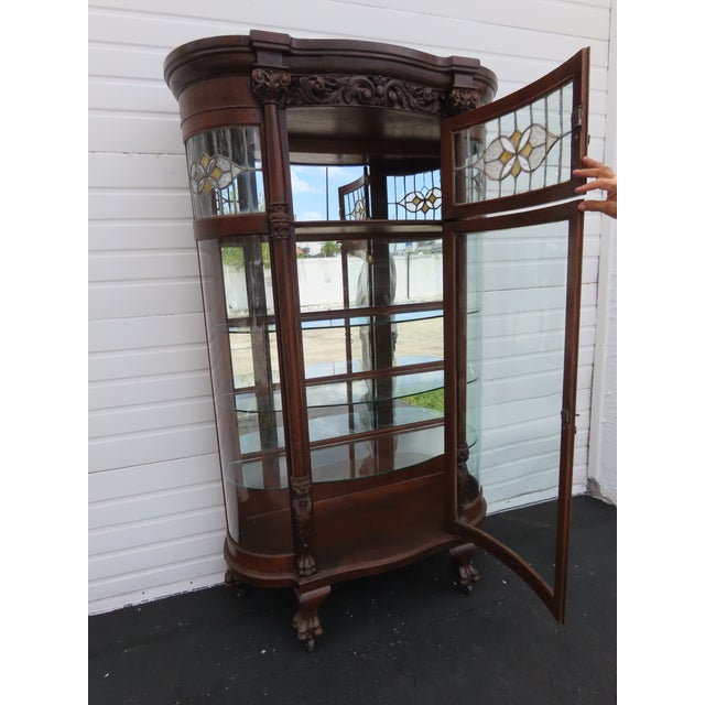 Wood Late 1800s Large Tall Tiger Oak Leaded Stain Glass Curio Cabinet Cupboard 6573 For Sale - Image 7 of 18