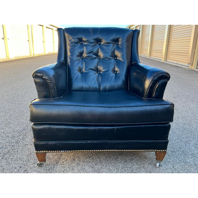 Traditional 1971 Vintage Heritage Black Leather Armchair With Ottoman For Sale - Image 3 of 6