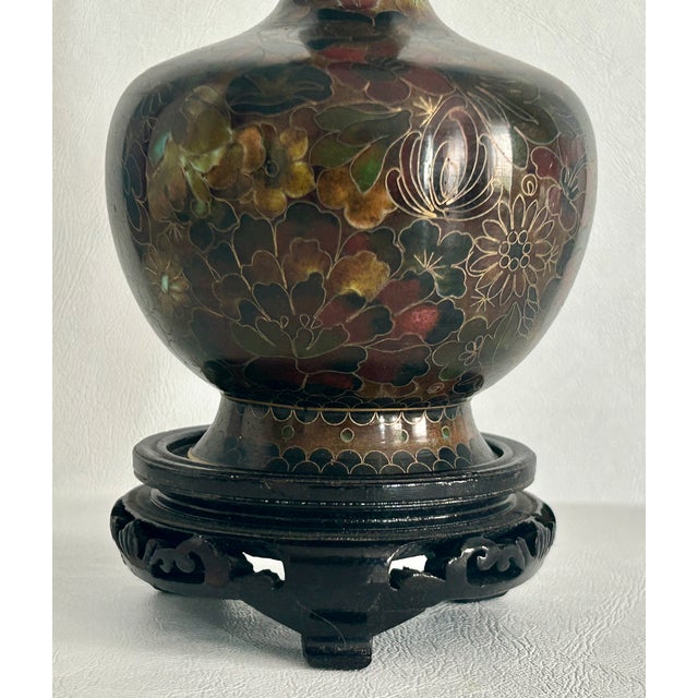 Asian Vintage Cloisonné Vase Earth Tones With Carved Wooden Base For Sale - Image 3 of 16