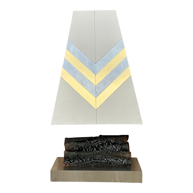 Vintage Boho Chevron Brass and Chrome Faux Fireplace For Sale