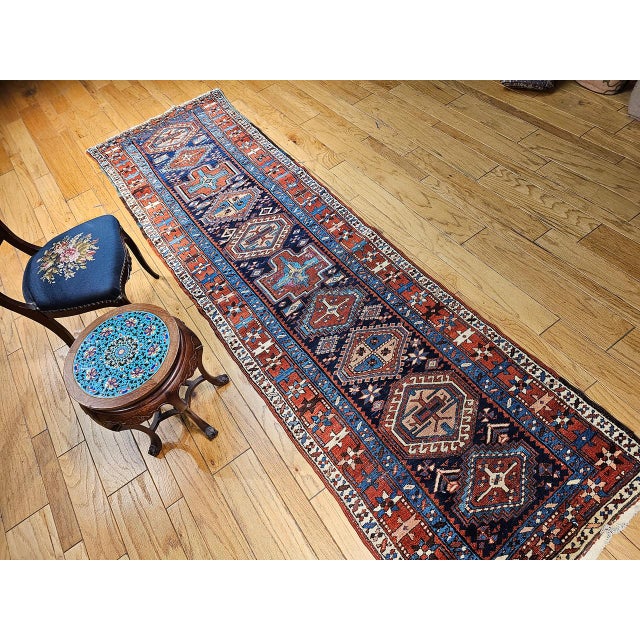 Antique Heriz Serapi Runner Rug, Hand-Knotted Wool, Geometric Pattern, Navy & Red,4x12 For Sale - Image 10 of 11