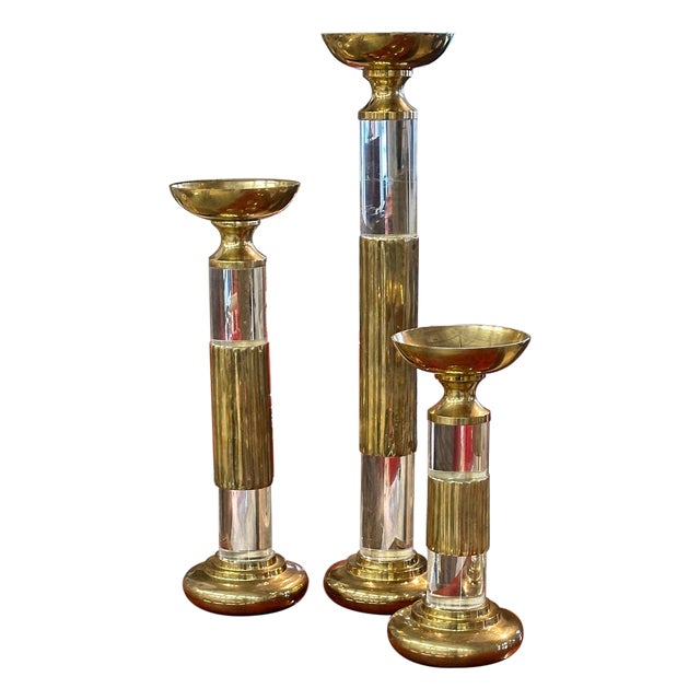 Lucite and Brass Candlestick Prickets Attributed to Dolbi and Cashier For Sale