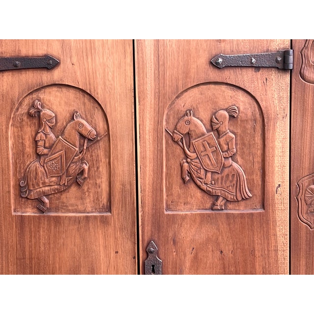 1920s Spanish Gothic Style Walnut Entry Wardrobe With Five Hangers and Carvings For Sale - Image 5 of 12