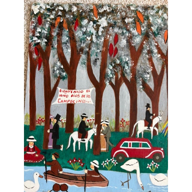 Wood Original Art by Roman Roncancio of a Busy Colombian Village (1974) For Sale - Image 7 of 10