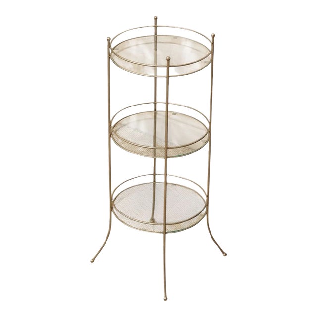 Vintage Three-Tier Metal & Glass Round Side Table For Sale