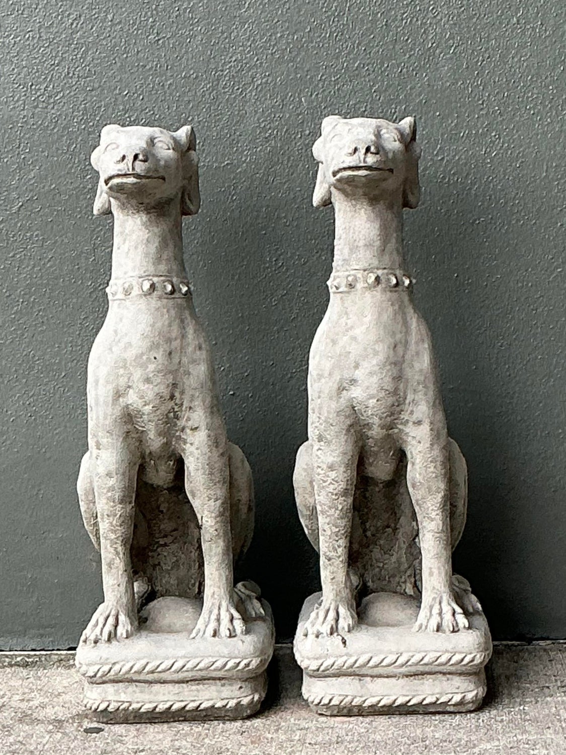 Vintage Cast Concrete Dogs - A Pair - Side view