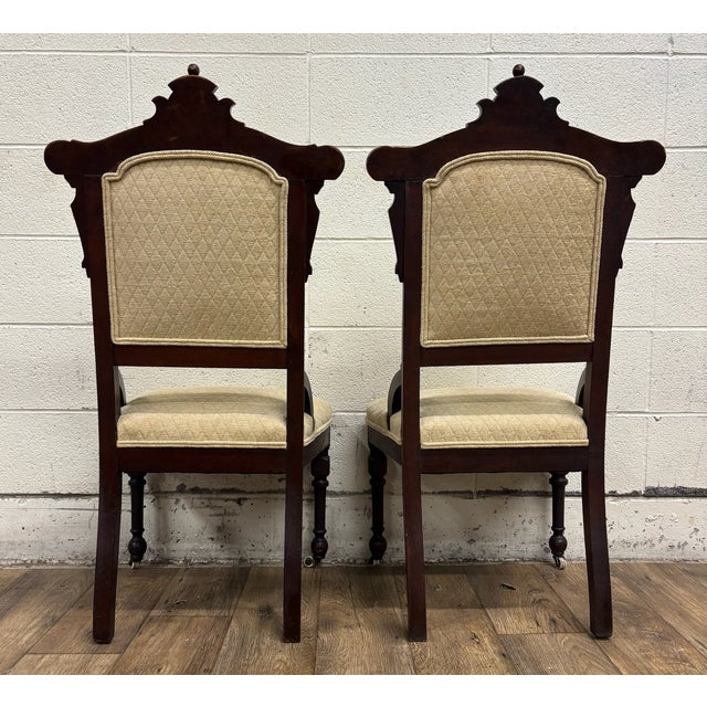 Antique Victorian Eastlake Style Carved Parlor Chairs Side Chairs - Pair For Sale - Image 9 of 10