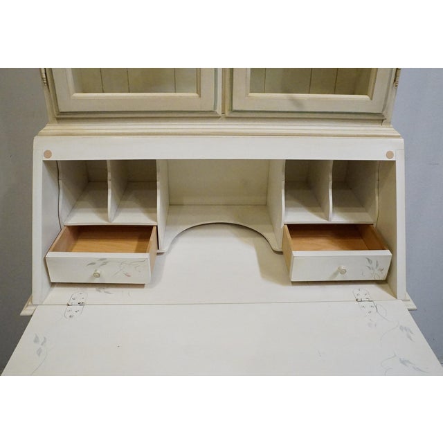 Ethan Allen Country French Collection Off White 32" Secretary Desk W. Display Hutch - Hand Painted Accents 26-9204 / 26-9205 For Sale - Image 9 of 18