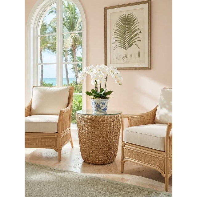 Handcrafted Woven Seagrass Drum Side Table With Glass Top For Sale - Image 9 of 12