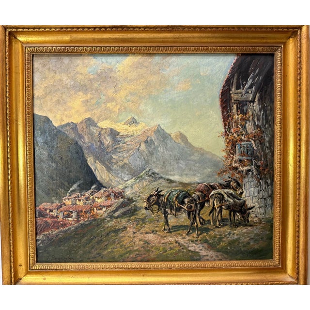 This vintage original oil painting by Wolfang Pogzeba depicts a unique landscape featuring a mountain scene with a perched...