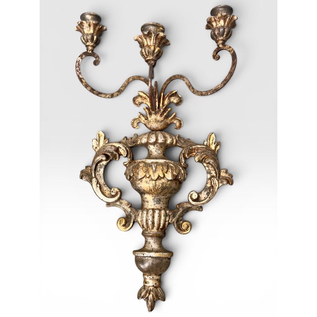 Pair of Louis XVI Style Mid-Century Italian Hand Carved Candle Wall Sconces. Pair of Baroque style antique hand-carved and...
