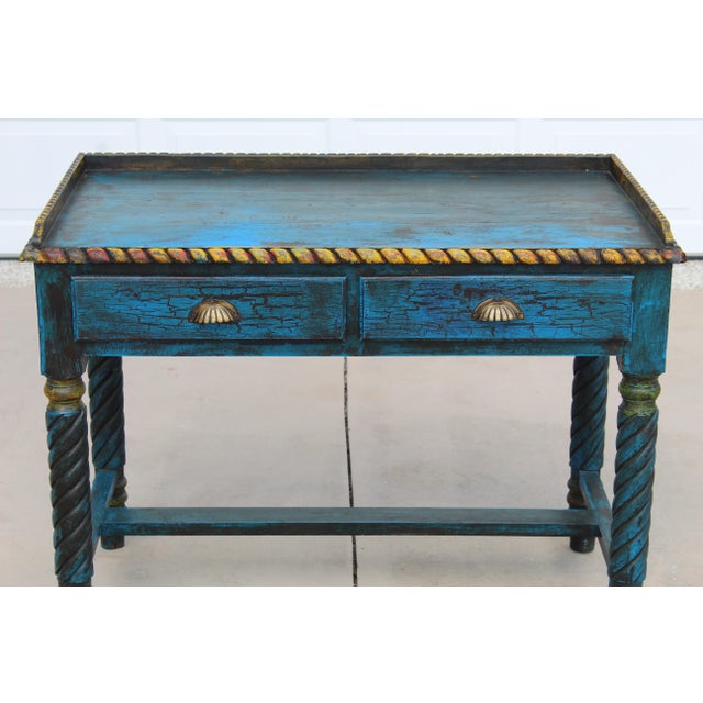 Wood Late 20th Century Spanish Revival Console Table | Hand-Painted Distressed Blue Accent Table | Barley Twist Legs | Two Drawer Sofa Table For Sale - Image 7 of 16