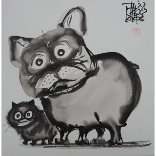 Laszlo Tibay, Chien et son ami le chat, Ink & Wash Drawing For Sale