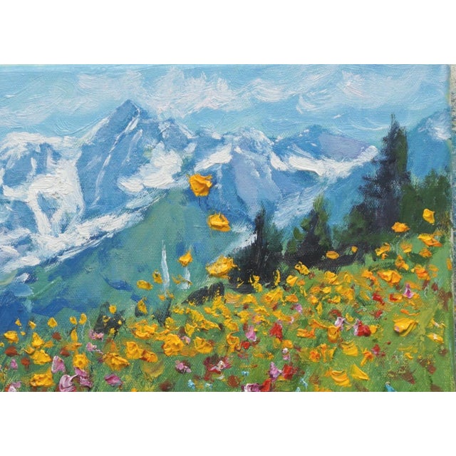 Original oil painting by Sean Wu, Beautiful Alps scenery, wildflowers blooming brilliantly in the sunlight.