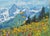 Original oil painting by Sean Wu, Beautiful Alps scenery, wildflowers blooming brilliantly in the sunlight.