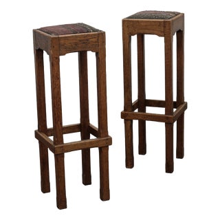 Art Deco Dutch Oak Bar Stools with Upholstered Seats, 1930s, Set of 2 For Sale