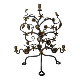 Mid-20th Century Hand-Forged Wrought Iron Candelabra With Applied Cast Brass Botanical Details For Sale