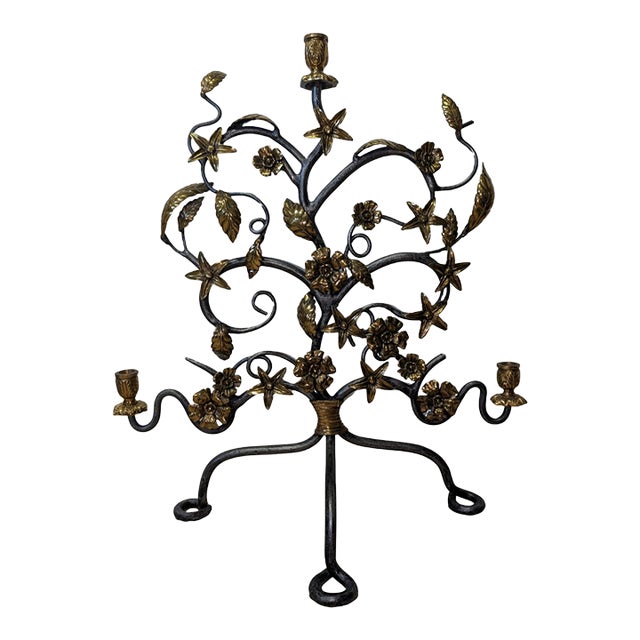 Mid-20th Century Hand-Forged Wrought Iron Candelabra With Applied Cast Brass Botanical Details For Sale
