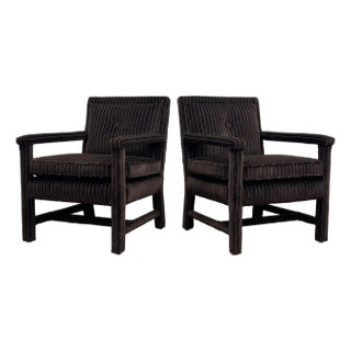 Newly Upholstered Luxe Chocolate Brown Pinstripe Velvet Parsons Chairs, a Pair For Sale