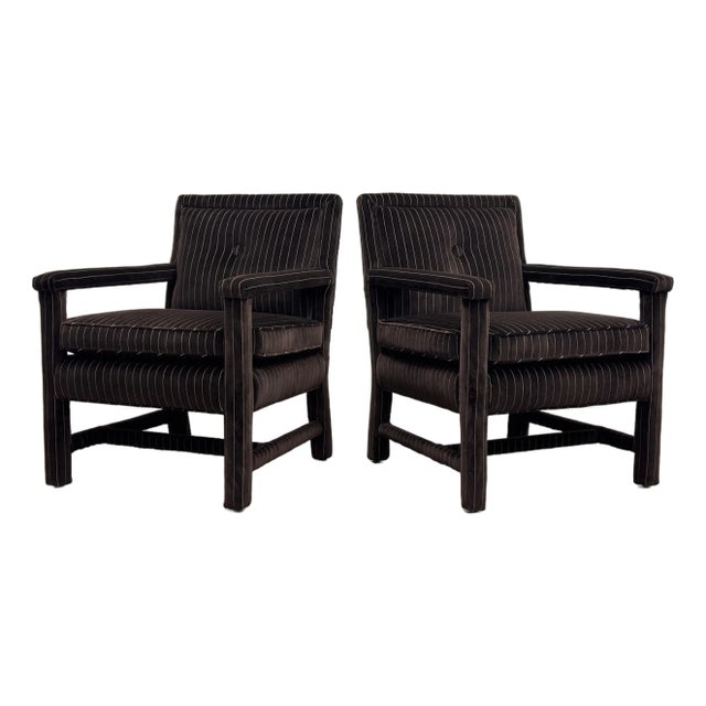 Newly Upholstered Luxe Chocolate Brown Pinstripe Velvet Parsons Chairs, a Pair For Sale
