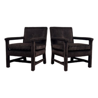 Vintage Newly Upholstered Luxe Chocolate Brown Pinstripe Velvet Parsons Chairs, a Pair For Sale